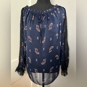 White House Black Market Navy Paisley Blouse with Lace